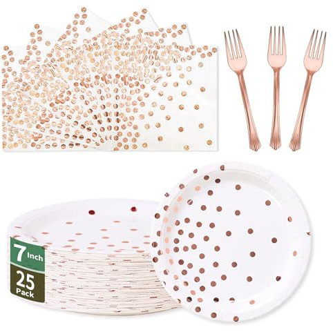 CENLBJ Rose Gold Paper Plates and Napkins Tableware Set-25 x 7''Dessert Plates & 25 x 6.5''Napkins & 25 x 7.3'' Forks,Rose Party Supplies for Birthday,Wedding,Bridal Showers,Anniversary(Serve 25)