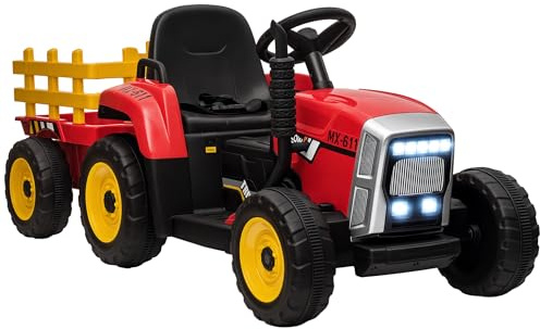 HOMCOM Electric Ride on Tractor and Trailer 12V for Ages 3-6 Years Red | Kids Electric Car, Detachable Trailer, Parent Remote Control, Music, USB, Horn, Lights