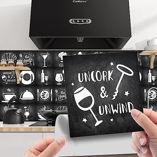 Hiseng 24 Pièces Stickers Muraux Autocollants pour Carrelage en Céramique et Marbre, Salle de Bains et Cuisine Stickers, Noir Cuisson Style Imperméables Auto-adhésifs (10x10cm,Boissons)