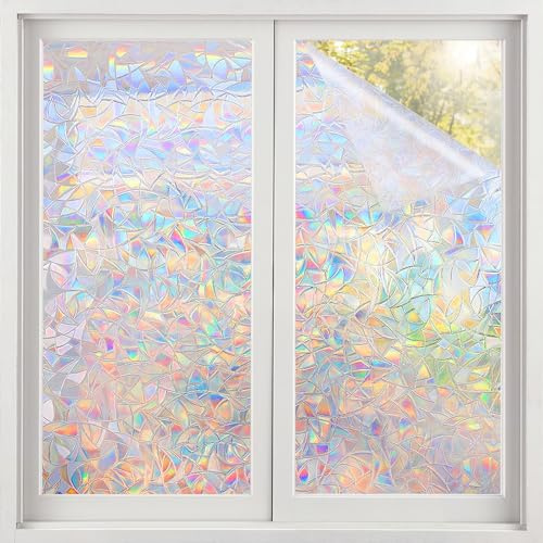 JAMATA Fensterfolie Blickdicht Selbsthaftend,3D Regenbogen Folie Fenster Sichtschutz 44.5x300cm,Statisch Haftend ohne Klebstoff Anti UV Sonnenschutz für Badezimmer,Büro,Umkleide und Konferenzräume