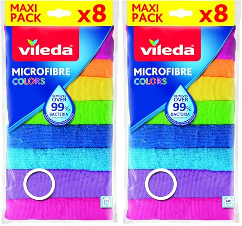 Vileda Mikrofasertücher Colors, Allzwecktücher Multipack aus Mikrofasern, 30 x 30 cm, Mehrfarbig zur Unterscheidung der Anwendungsbereiche, 16er Pack