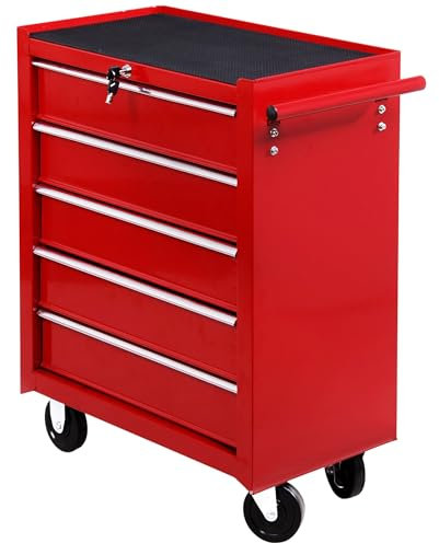 HOMCOM 5 Drawer Tool Box, Lockable Steel Tool Chest on Wheels, Rolling Chest Cabinet with 5 Drawers and Handle for Workshop, Garage, Red
