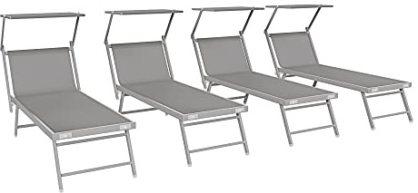 Bricozone Set Da 4 Lettini Prendisole Professionale Pieghevole In Alluminio Tettino Parasole Tettuccio Orientabile Sdraio Lettino Prendi Sole 182 x 60 x 38 cm Mare Spiaggia Piscina Giardino (Grigio)