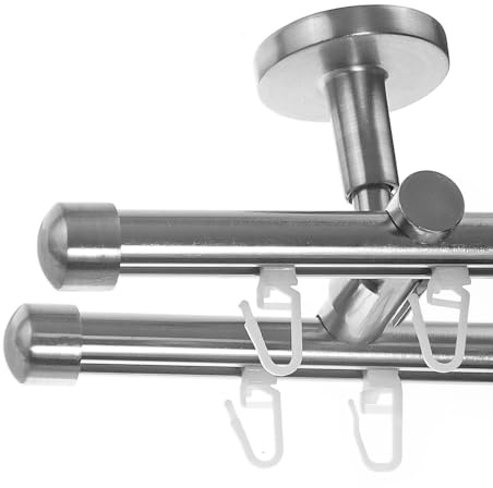 BASIT Gardinenstange Innenlauf Edelstahllook 16mm 2-läufig Decke 140cm D80 | Gardinenstangenset doppelläufig Deckenmontage Metall Vorhangstange Deckenhalterung 120-600cm wählbar Kappe E17
