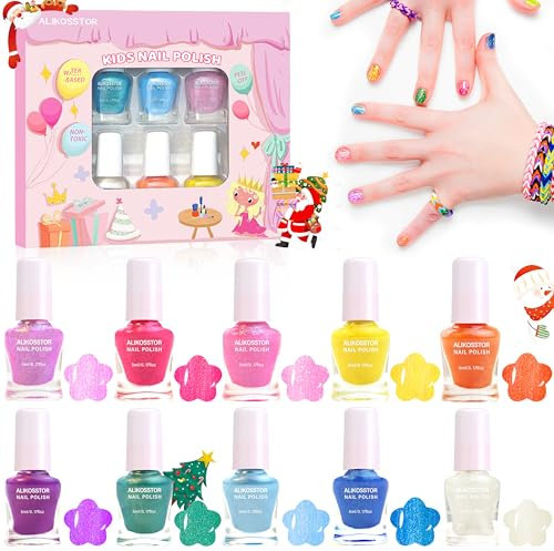 ALIKOSSTOR Nagellack Kinder – Regenbogenfarben Nagellack Set für Mädchen, 10 leuchtende Farben, schnelltrocknend ungiftig peel off Nagellack auf Wasserbasis Geschenk für Kleinkinder Teenager