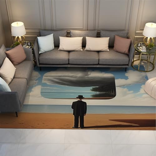 UERWOWELL Maschinenwaschbarer Teppich Rene Magritte Stil Surrealismus Schlafzimmer Wohnzimmer Abstrakter Teppich Niedriger Flor Leichter Rutschfester Küchenläufer Teppich 120x240cm