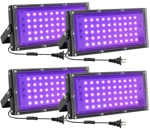 Waygor 50W LED Black Lights for Glow Party, IP65 Waterproof UV Blacklight Floodlight 395nm Black Light Spotlight Purple Black Light Flood Light Fluorescent UV Light Lamp for Halloween Decor (4 Pack)