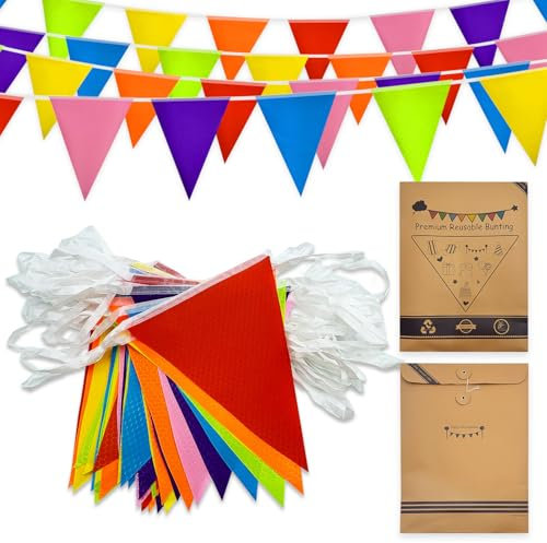 Bannière de fanions réutilisable et imperméable de qualité supérieure - 30 m - 84 drapeaux triangulaires - Bannière de fanions multicolores pour anniversaire, mariage, extérieur, décoration de fête