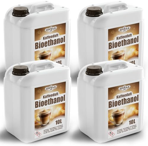 Bioéthanol 96,6 % 40 l | Parfum de café bio 96,6 % 4 x 10 l | Bioéthanol pour cheminée, cheminée de table, cheminée au bioéthanol | Parfum café au bioéthanol | Combustion propre, sans fumée, flamme