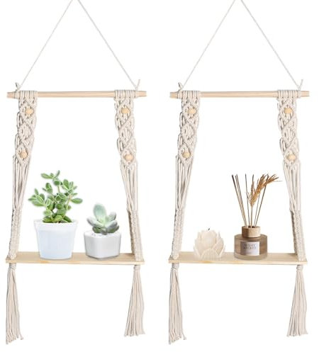 Ysislybin Wandregal Holz Boho, 2 Stück Makramee Wandbehang Regal, Boho Makramee Wanddeko, Handgewebte Schweberegal für Wand, Natürliches Treibholz Hängeregal Chic Schwimmende Regale Für Schlafzimmer
