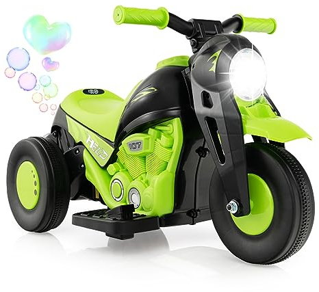 COSTWAY Barn motorcykel, med såpbubbelmaskin, 6 V elektrisk motorcykel med musik och LED-strålkastare, trehjuling, barnmotorcykel, 2,5–3 km/h, elmotorcykel för barn från 3 år (grön)