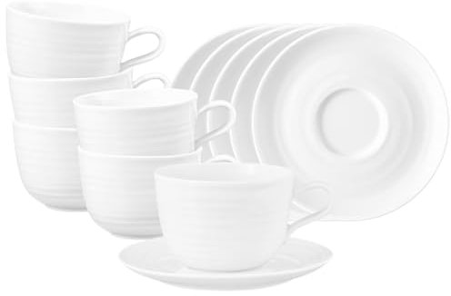 Seltmann Weiden Terra Milchkaffeetassen mit Untertassen 6er Set, 400 ml, Cappuccino-Set für 6 Personen mit spiralförmigem Relief, Spülmaschinen- und mikrowellenfest, Porzellan, Weiß