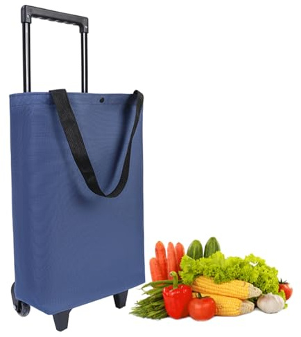 Ckuakiwu Grocery Cart on Wheels, Cartoon Printed Foldable Shopping Trolley on Wheels with Handle, Reusable Grocery Bags for Shopping Supermarkets and Travel (Navy Blue)