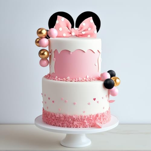 JeVenis Mouse Cake Topper Pink Bow Ears Cake Decorations for Girl Birthday Baby Shower Party Supplies