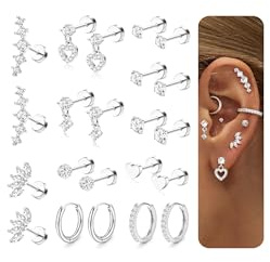 Chriscoco 11 Pares Piercing Oreja Acero Quirurgico Antialergicos Pendientes Mujer Plata/Oro Pequeños Pendientes Aros Dorados Plata Piercing Tragus Helix Conch