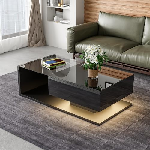 LED Coffee Table with Storage, Black High Gloss Coffee Tables for Living Room with Glass and RGB LED Lights, Rectangle Centre Tea Table with Drawer For Home Office Furniture, 105 x 55 x 32.5 cm