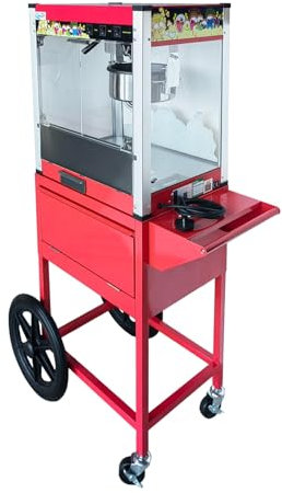 Commercial 8oz Popcorn Machine with Cart, Red Steel Frame, Large Wheels