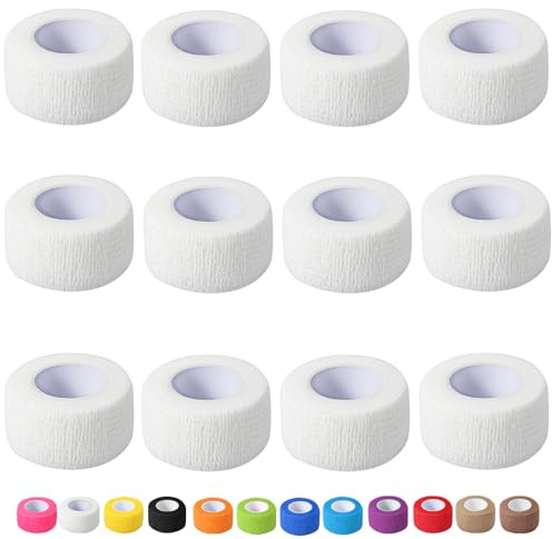 12 Pack Self Adhesive Bandage Wrap, 2.5cm x 4.5m Non-Woven Self Adherent Cohesive Bandage, Vet Wrap Wound Tape for Thumb Finger Wrist Knee Ankle, White