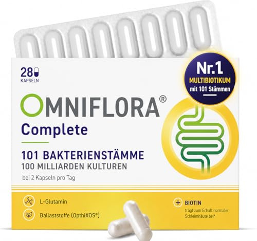 Omniflora Complete – 101 Bakterienkulturen, 100 Mrd. KBE – 28 Kapseln | Mit patentiertem OptiXOS Ballaststoff · 101 Kulturen · 100 Mrd. KBE · Biotin trägt zur Erhaltung normaler Schleimhäute bei