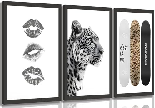 Framed Stockholm Style Canvas Wall Art Set of 3 Black and White Trendy Leopard print Lips Prints Preppy Room Aesthetic Painting Cheetah Wall Decor Pictures for Girls Bedroom Apartment Dorm 12x16in