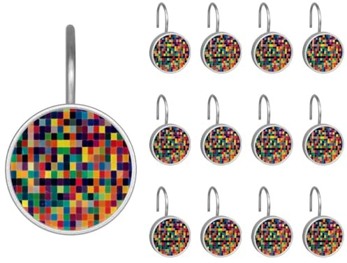 Lot de 12 crochets ronds décoratifs pour rideau de douche, sans couture, motif carrés colorés, antirouille pour tringles de douche et doublure