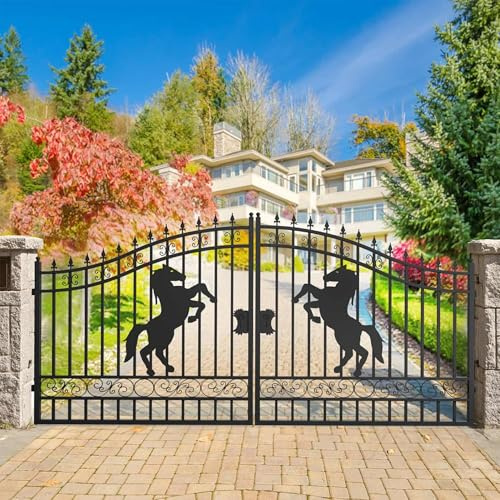 Chery Industrial Steel Dual Swing Driveway Gate with Horse Pattern,Secure Outdoor Patio Door with Welded Galvanized Steel Frame (16x8)