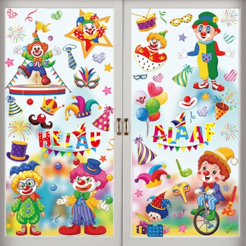 9 Blatt Karneval Fensteraufkleber Kölner Fensterbilder Clowns Fensterdeko Doppelseitig Fenstersticker für Fasching Partys deko