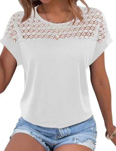 Zeagoo T-Shirt Femme en Dentelle Manches Courtes Haut Élégant Blouse d’Été en Crochet Col Rond Coupe Ample Blanc Taille XL