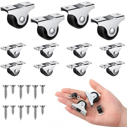 12Pcs Small Caster Wheels, Low Profile Casters Wheels Soft Rubber Rolling Fixed Wheels for Furniture, Under Bed Storage Drawers, Non Swivel(8PCS 0.5 and 4PCS 1)