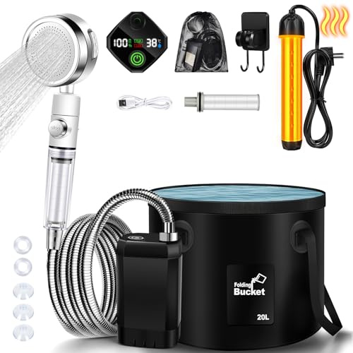 JONRRYIN Tragbare Campingdusche, Erhitzt Camping Dusche Filterbar Outdoor Mobile Dusche mit 6000 mAh Temperaturanzeige, Filterbarer Duschkopf und 2m Schlauch für Garten, Autowaschen, Strand, Reisen