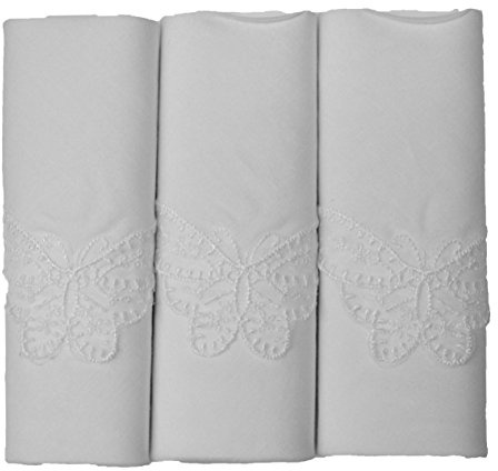 Damen Taschentücher, 100% Baumwolle, Weiß, Schmetterlingsspitze, Einheitsgröße, 3 Stück, weiß, 36