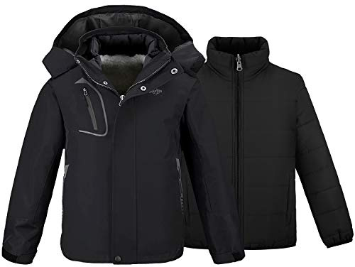 wantdo Kids Boys' 3 in 1 Snowboard Jacket Hooded Warm Winter Coat Fleece-Lined Waterproof Black 10-12