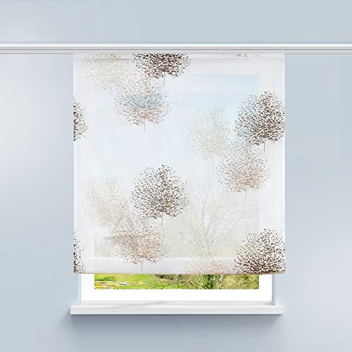 HongYa Raffrollo Voile Gardine Transparente Raffgardine mit Klettschiene Küche Vorhang Kleinfenster H/B 140/100 cm Baum Muster