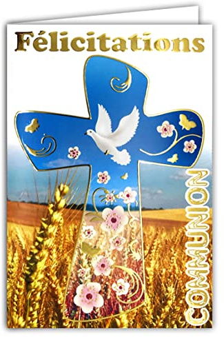 68-1204 Carte Félicitations Communion Dorure Or Croix épis Champ Blé Pain Vin Raisin Fleurs Colombe Paix Parrain Marraine église Chrétien Catholique Religion Fabriqué en France 68-1204