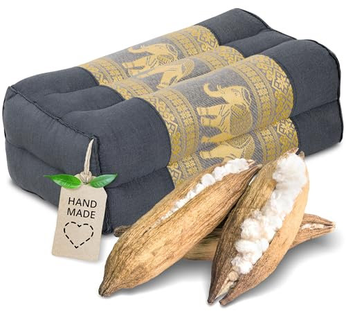 livasia block yoga cushion square-cut Thai silk - 7x13x5″ - Meditation cushion kapok, Rectangular bolster, Yoga Pilates accessory neck cushion, Thai cushion hand made (Grey/Elephants, Silk)