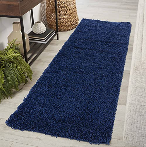 Serdim Rugs Plain Living Room Hallway Runner Shaggy Rugs, polypropylene, Navy, 60x220cm (2'x7'3)