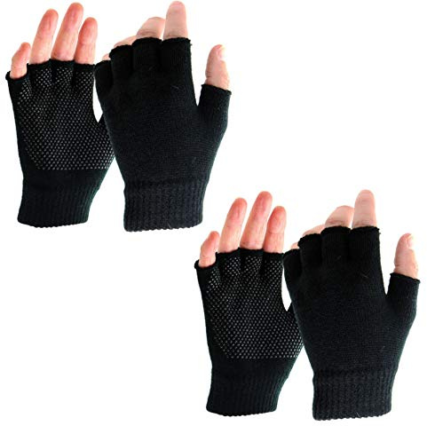 2 Pairs Black Mens Boys Girls Women Warm Half Finger Fingerless Gripper Gloves