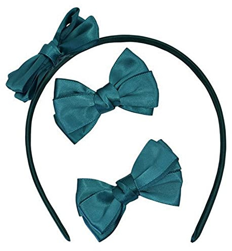 Topkids Accessories 3pc Hair Accessories for Girls School Gift Set: Bow Hair Band Headbands for Girls & Hair Clip Bows Birthday Gift Accessories Set Hair Band Clips (Bottle Green)