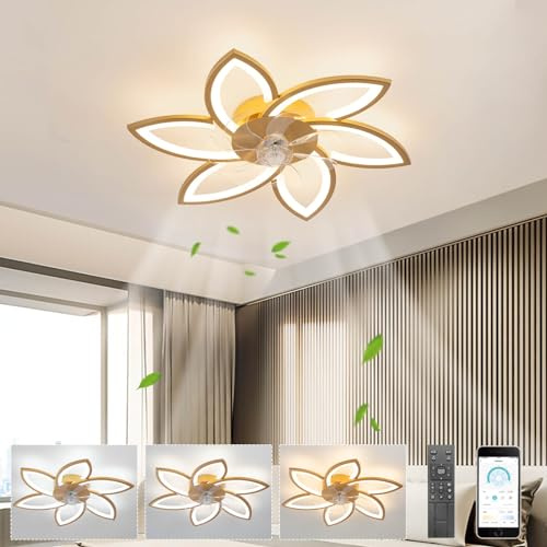 LJX 78cm Ceiling Fans with Lights and Remote DC Fans with Led Lamps Silent Dimmable 6 Speed for Living Room Bedroom Lounge Flower Ceiling Fan Light,Gold