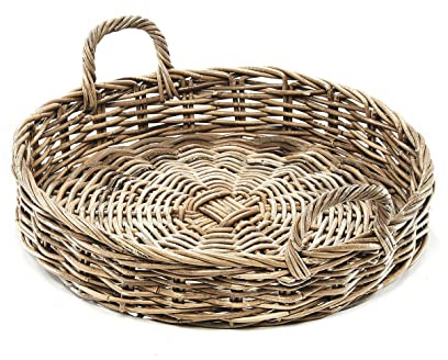 Kobolo Tablett Dekotablett Serviertablett aus Rattan rund -kubu grau- 49x49x10cm
