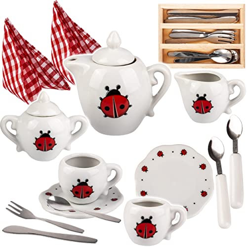 alles-meine.de GmbH 26 TLG. Set Puppengeschirr/Teeservice & Kaffeeservice + Besteckset - Marienkäfer & Punkte - Geschirr Porzellan/Keramik - Porzellangeschirr - Kinderküche..