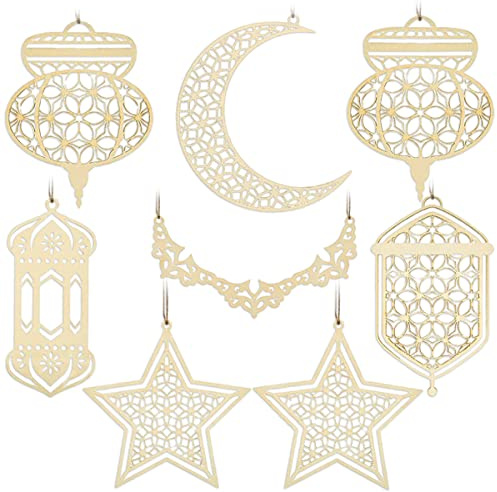 Ramadan Deko Holz, 8 Holz Anhänger zu Ramadan, Ramadan Holz Tisch Dekoration, Ramadan Hohl Dekoration, Mond Stern Windlicht Form AnhäNger Ornament für Ramadan Mubarak Eid Dekorationen