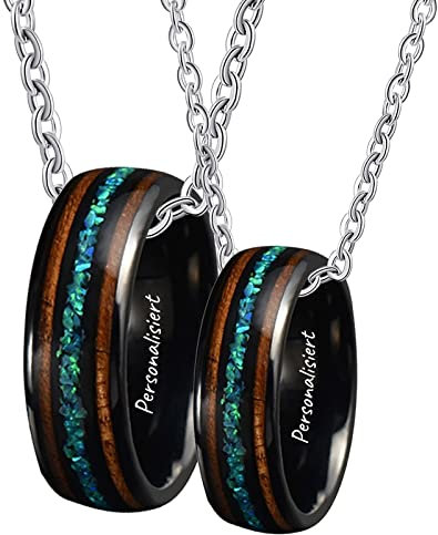 Dsnyu 2PCS Partnerkette mit Gravur, Opal und Holz Einlegen Halskette Ring Damen 50CM/ 60CM, Wolfram Gothic Kette Schwarz
