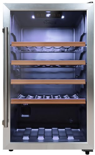 Tronitechnik® Weinkühlschrank, Getränkekühlschrank, Minibar, Mini-Kühlschrank leise, 126 Liter, 63 Flaschen, Wein Kühlschrank Edelstahl-Optik, mit LED Licht & Holzeinschübe freistehend