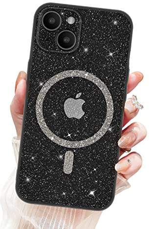 Newseego Custodia per iPhone 14 Glitter Trasparente Ragazze Donne[Compatibile con MagSafe], Cover Magnetica Telefono Scintillante Antiurto Protezione Fotocamera Cover iPhone 14-Nero