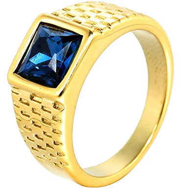HIJONES Herren Edelstahl Blau Stein Ring Quadratisch Edelstein Pinky Finger Ringe mit Kristall Statement Schmuck Gold Größe 57