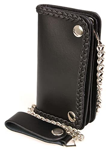 Milwaukee Leather MLW7881 Men's 6” Long Leather “Braided” Bi-Fold Biker Wallet w/Anti-Theft Stainless Steel Chain - One Size