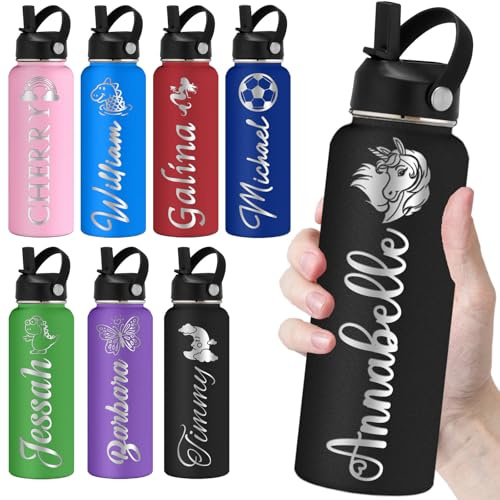 kioskbanks Botellas de agua personalizadas con popote de 40 onzas, botella de agua grabada personalizada para la escuela, nombre personalizado, doble pared aislada, color negro