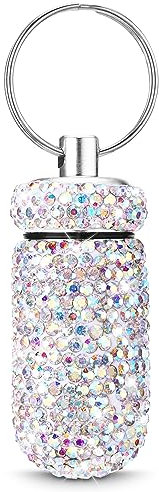 WLLHYF Tragbare Diamant Pillendose Schlüsselanhänger, Reise-Pillendose mit glitzernden Strasssteinen, wasserdicht Pillendosierer, Tasche Mini Metall Kleine Tablettendose für Outdoor, Camping, Reisen