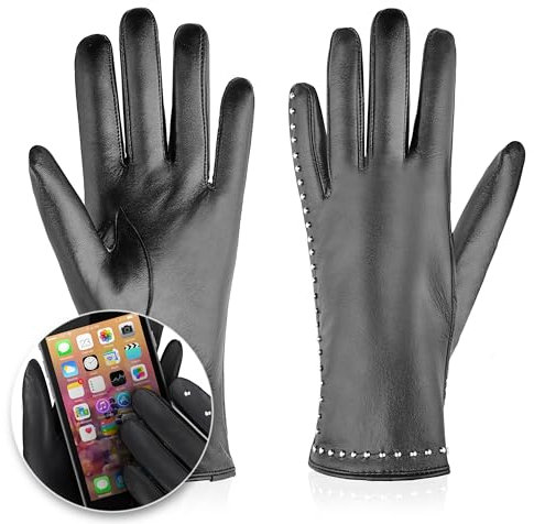 BETLEWSKI - Damen Handschuhe aus Schafsleder gefüttert - Warme Winter Lederhandschuhe für Damen in Schwarz mit Wollfutter - Winterhandschuhe für Touchscreens - Modell Glamour iTouch - S